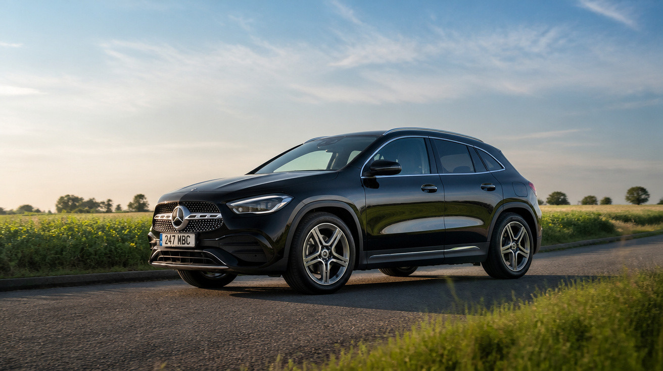 Carro preto Mercedes-Benz estacionado em estrada rural com céu azul e vegetação ao redor.