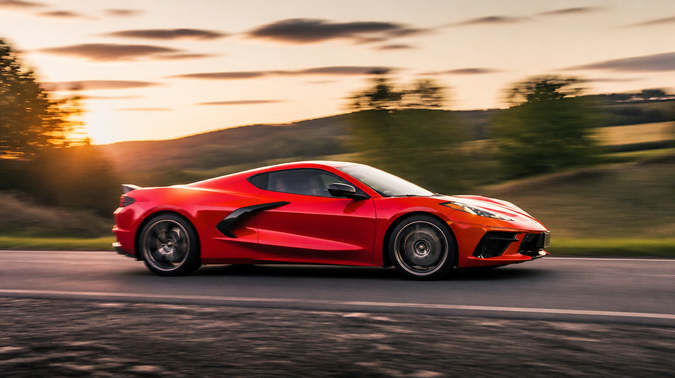 Carro esportivo vermelho em alta velocidade em estrada com paisagem natural ao pôr do sol.