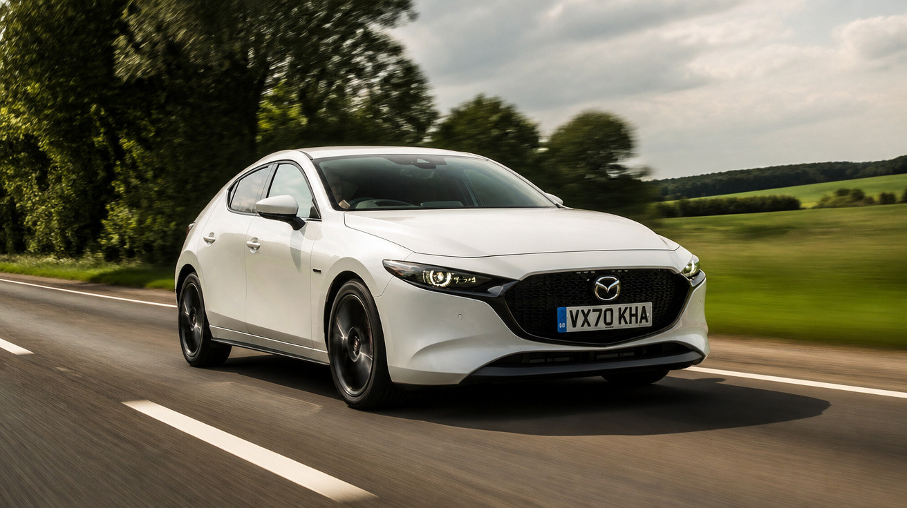 Carro branco modelo hatch Mazda em movimento na estrada com vegetação ao redor em dia nublado.