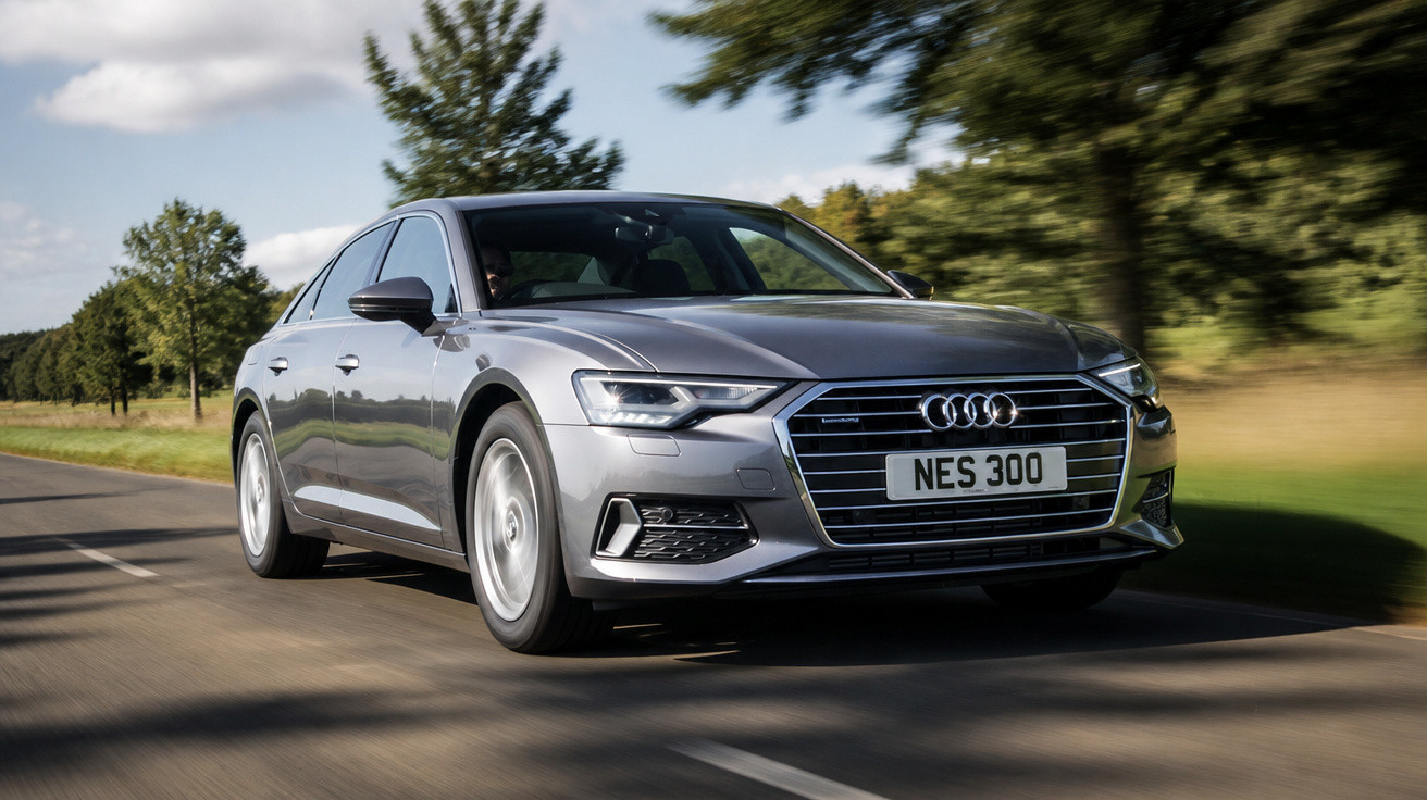 Carro cinza Audi sedan modelo A6 em movimento por estrada asfaltada cercada por árvores.