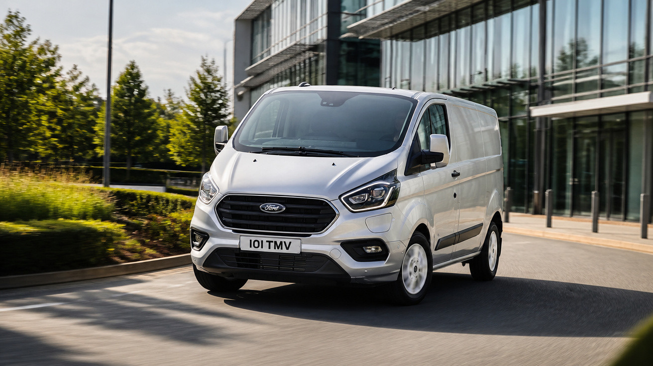 Van branca da Ford em movimento na cidade, com prédio de vidro ao fundo em dia ensolarado.