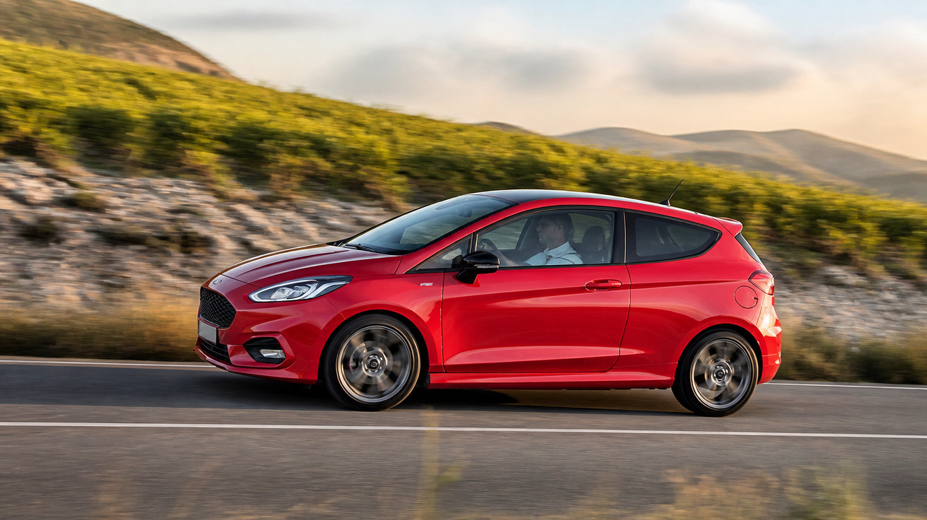 Carro vermelho hatchback em estrada com motorista, em cenário rural com montanhas ao fundo.