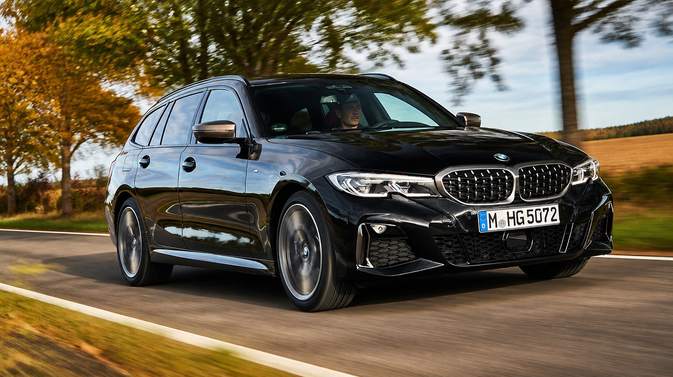 Carro preto BMW em movimento em estrada com árvores e céu ao fundo em dia claro de outono.