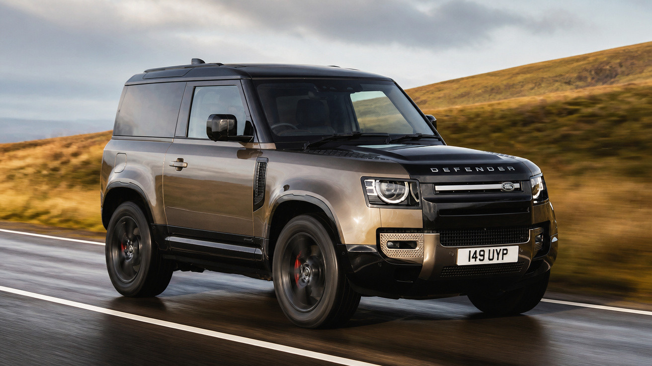 SUV Land Rover Defender cinza em movimento por estrada molhada com paisagem de colinas ao fundo.