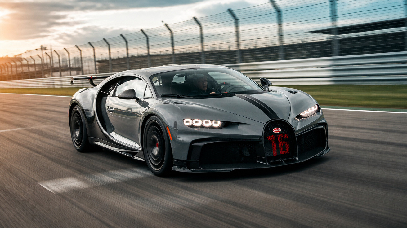 Carro esportivo Bugatti cinza escuro com luzes acesas em alta velocidade na pista de corrida.