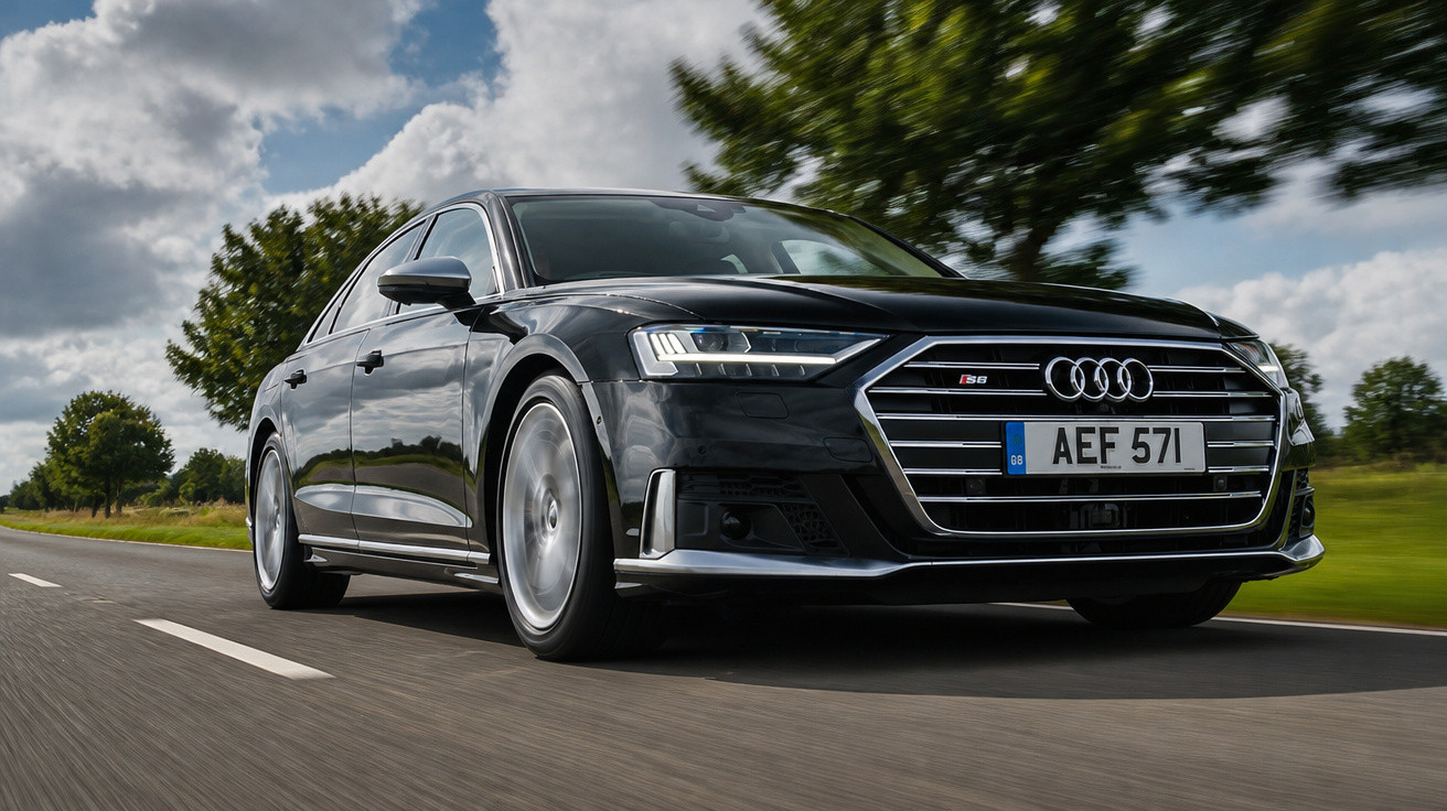 Carro preto Audi A8 em estrada sob céu azul com nuvens e vegetação ao redor.