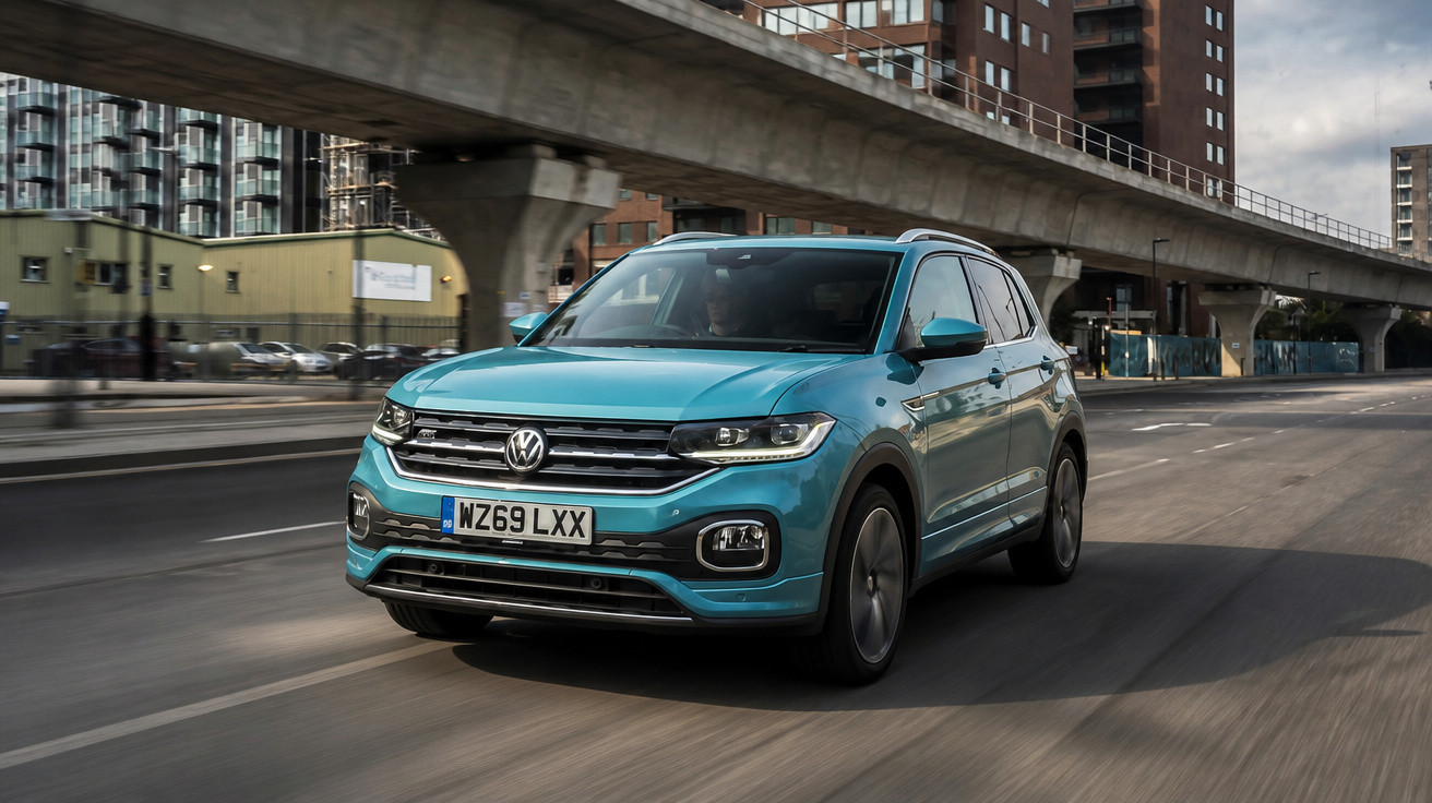 Carro SUV Volkswagen azul trafegando em avenida urbana sob viaduto e prédios ao fundo.