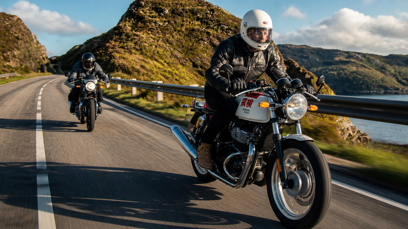 Dois motociclistas em jaqueta de couro pilotando motos clássicas em estrada costeira com colinas ao fundo.