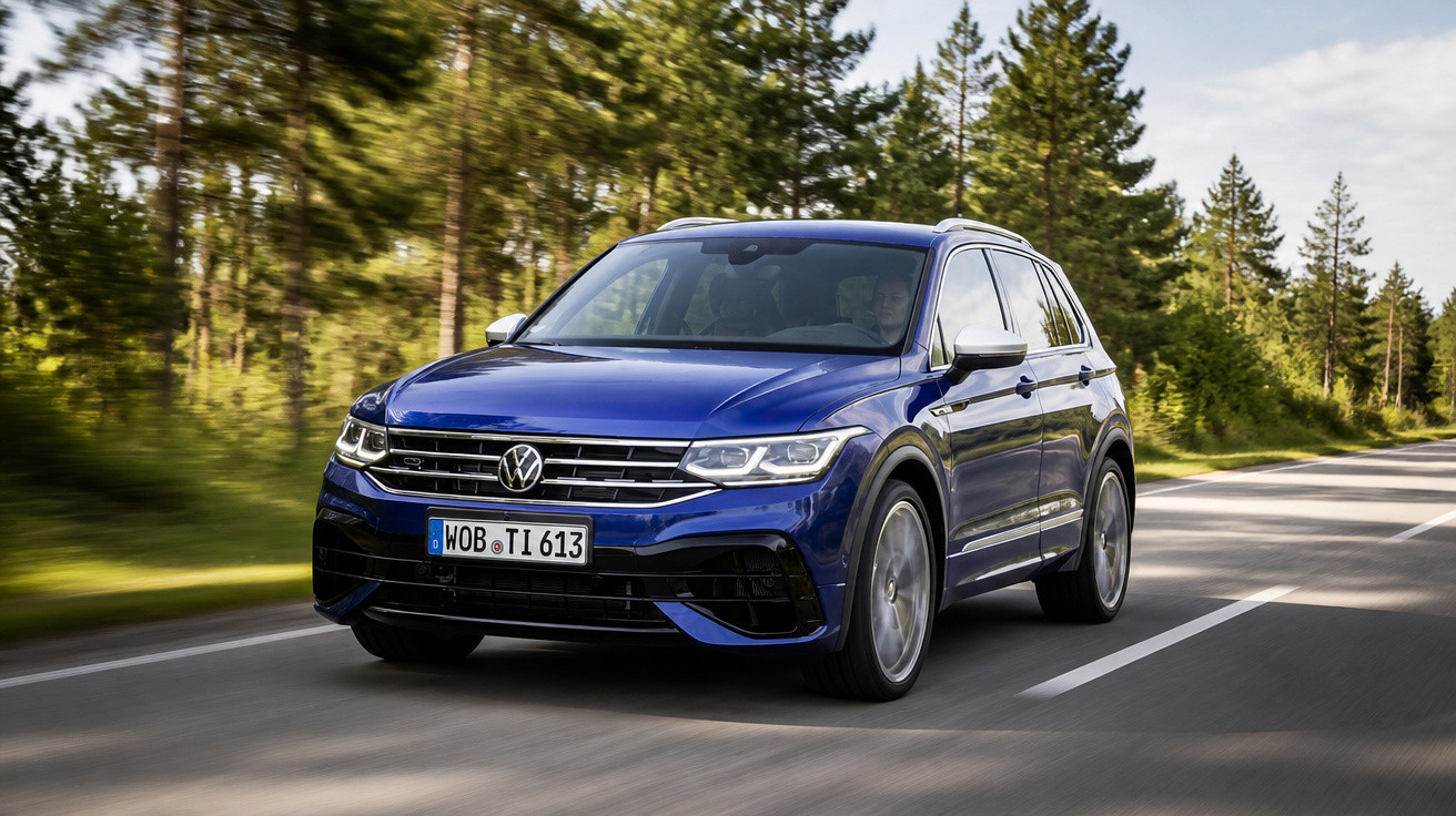 Carro SUV Volkswagen azul em movimento numa estrada rodeada de árvores e céu parcialmente nublado.