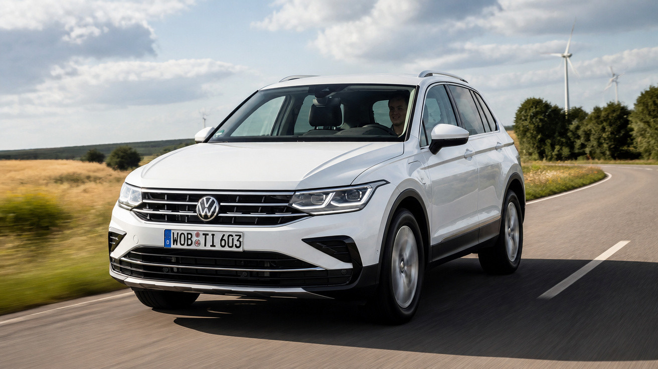 SUV Volkswagen Tiguan branco em estrada rural sob céu nublado, com motorista visível.