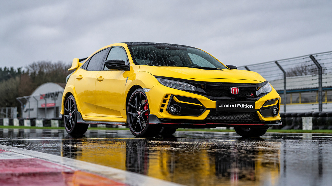 Carro esportivo Honda Civic Type R amarelo brilhante estacionado em pista molhada com refleção no chão.