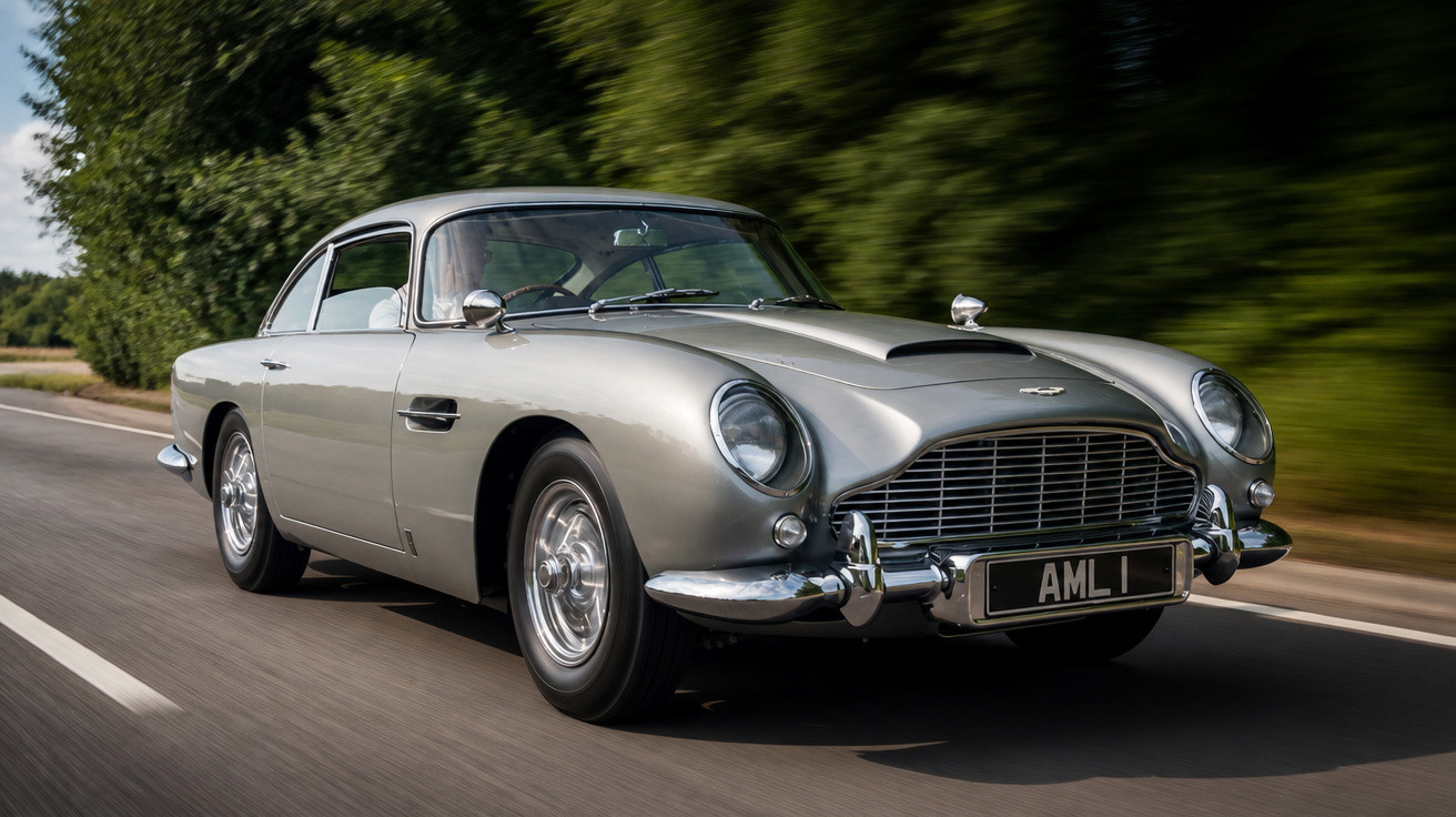 Carro clássico Aston Martin DB5 prateado dirigindo em estrada rodeada por vegetação.