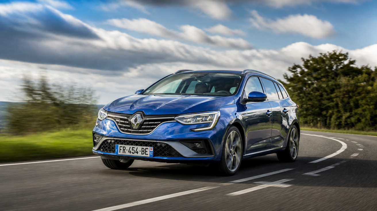 Carro Renault azul em movimento em estrada sinuosa sob céu com nuvens.