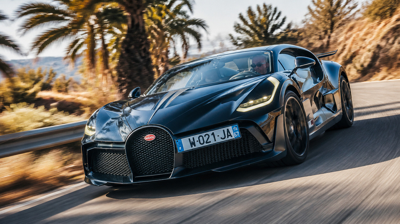Carro esportivo Bugatti preto em alta velocidade em estrada sinuosa com palmeiras ao fundo.