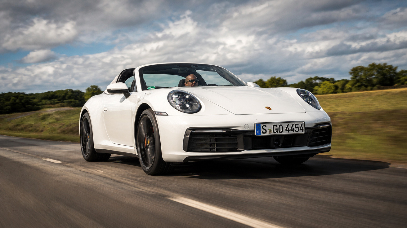 Carro esportivo conversível branco Porsche 911 em velocidade na estrada com céu nublado ao fundo.