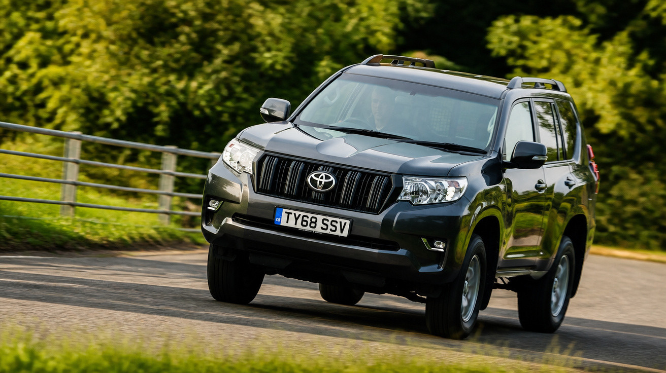 SUV Toyota preto com placas europeias trafegando em estrada curva cercada por árvores.