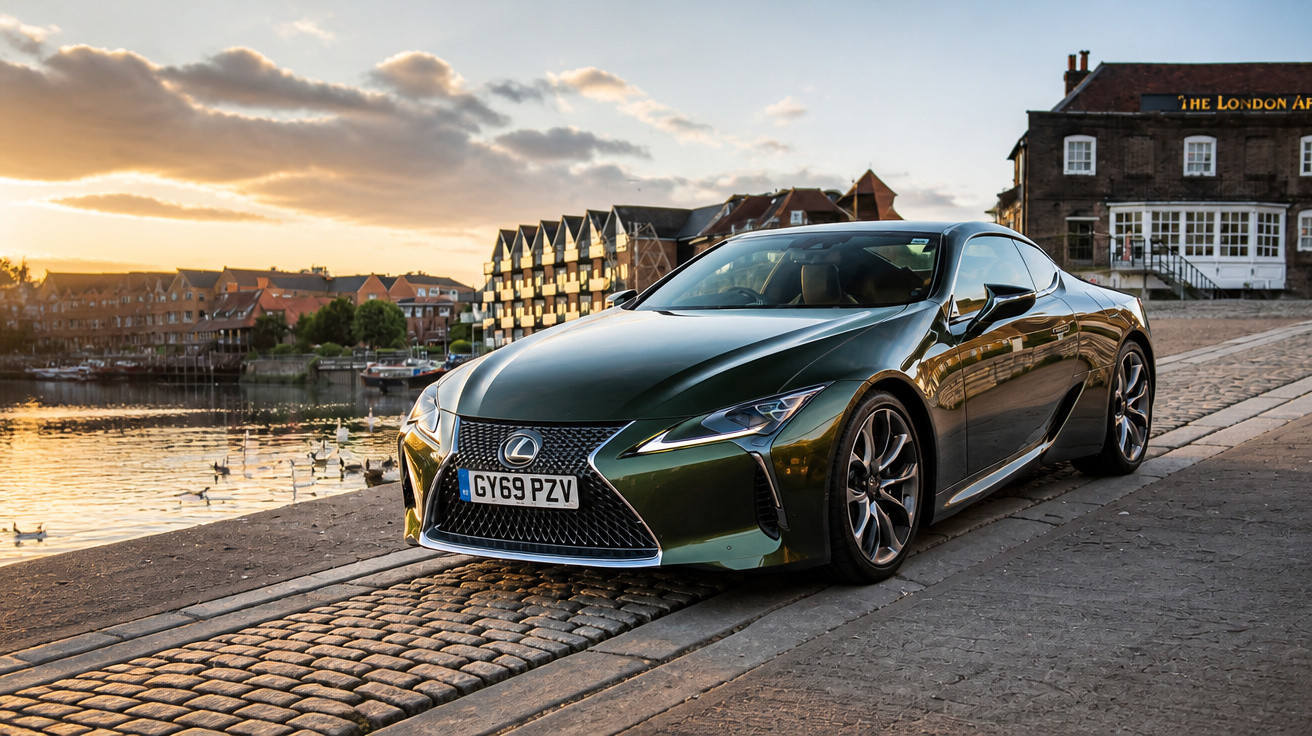 Carro esportivo Lexus verde estacionado em calçada de paralelepípedo próximo a rio e prédios ao pôr do sol.