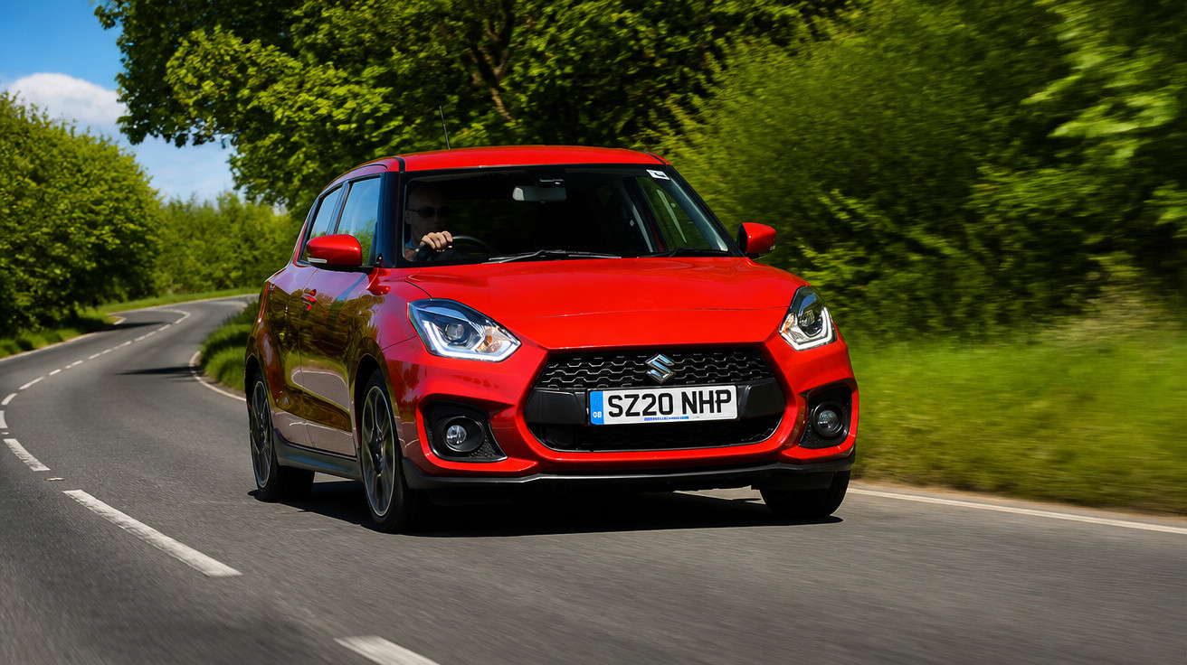 Carro vermelho Suzuki Swift dirigindo em estrada sinuosa rodeada por árvores e vegetação verde.