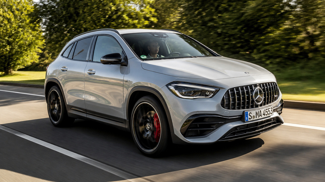 Carro SUV Mercedes-Benz prata em movimento na estrada com árvores ao fundo em dia ensolarado.