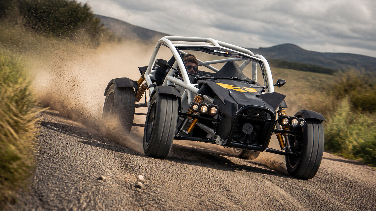 Carro off-road aberto em alta velocidade levantando poeira em estrada de terra com cenário montanhoso ao fundo.