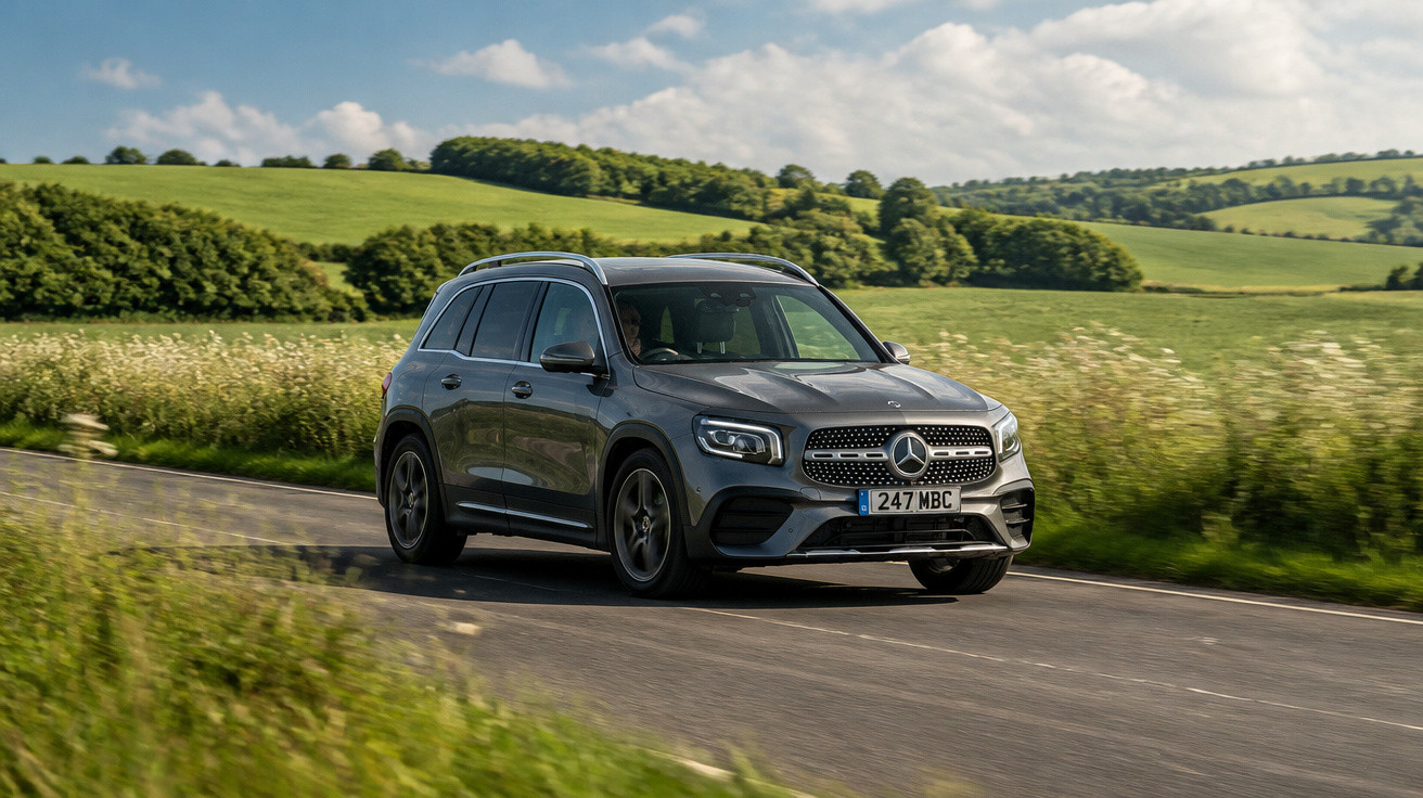 SUV cinza Mercedes-Benz GLS dirigindo em estrada rural cercada por campos verdes sob céu azul.
