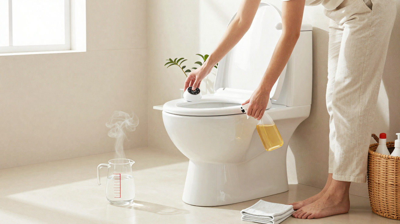 Pessoa limpando vaso sanitário branco em banheiro claro, com vaporizador e panos ao lado.