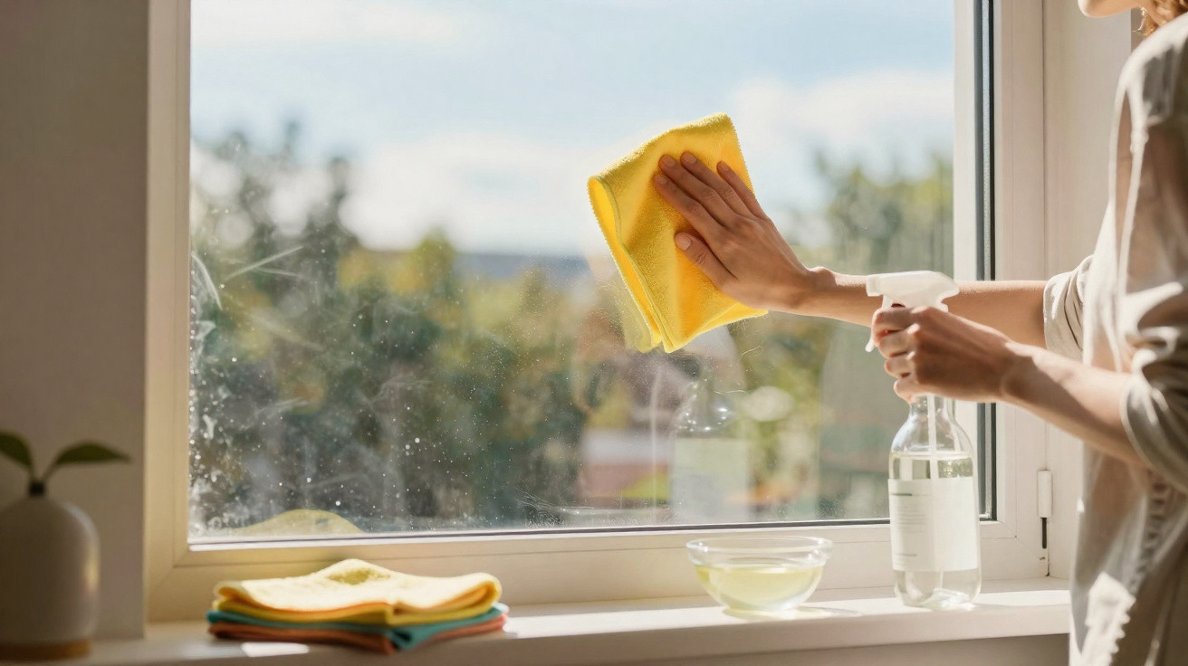 Pessoa limpando janela com pano amarelo e borrifador transparente em ambiente iluminado.