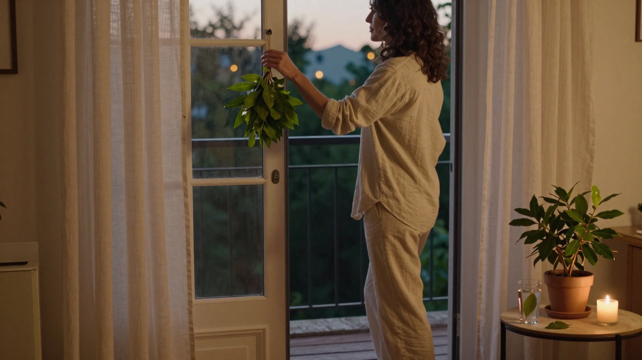 Mulher abrindo porta para varanda ao entardecer, ambiente com plantas, vela acesa e copo d'água.