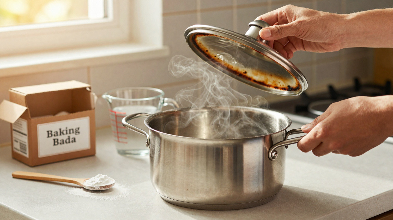 Mãos retirando a tampa de panela de inox com vapor saindo, colher com bicarbonato e medidor na bancada.