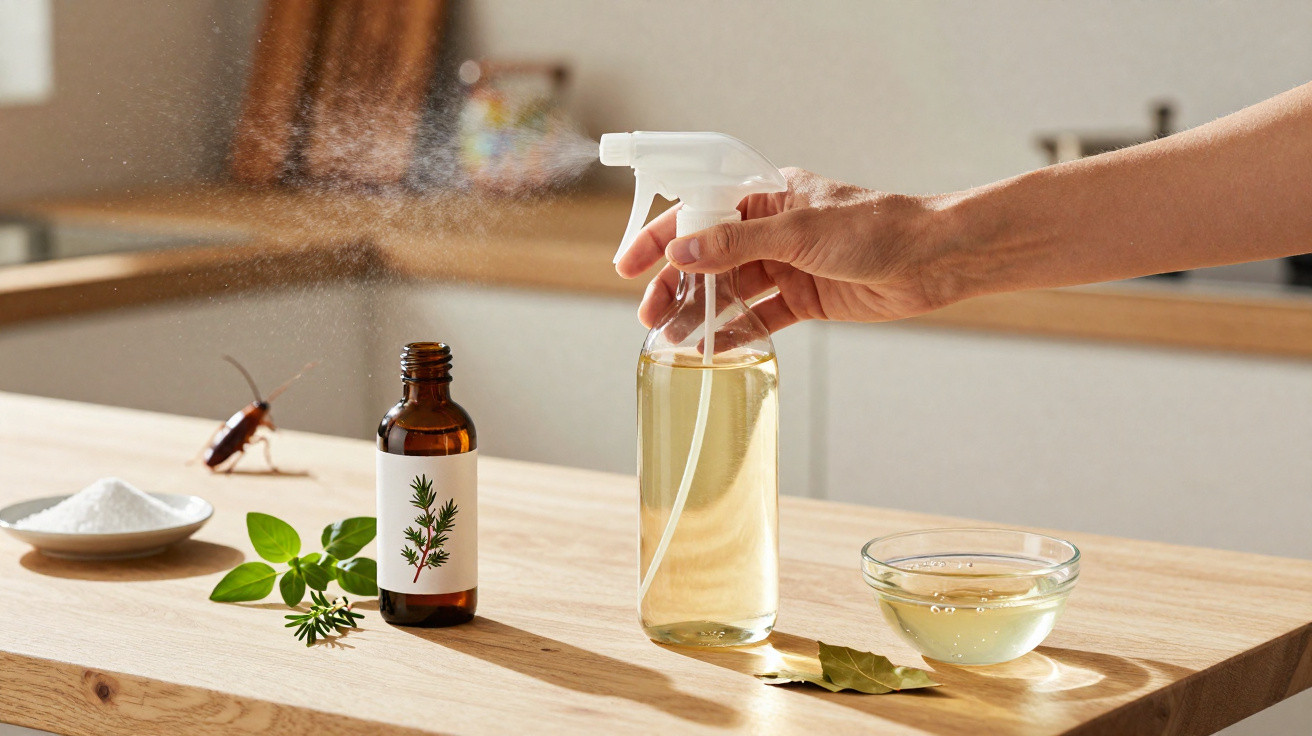 Mão borrifando spray caseiro contra barata em mesa com ingredientes naturais e inseto ao fundo.