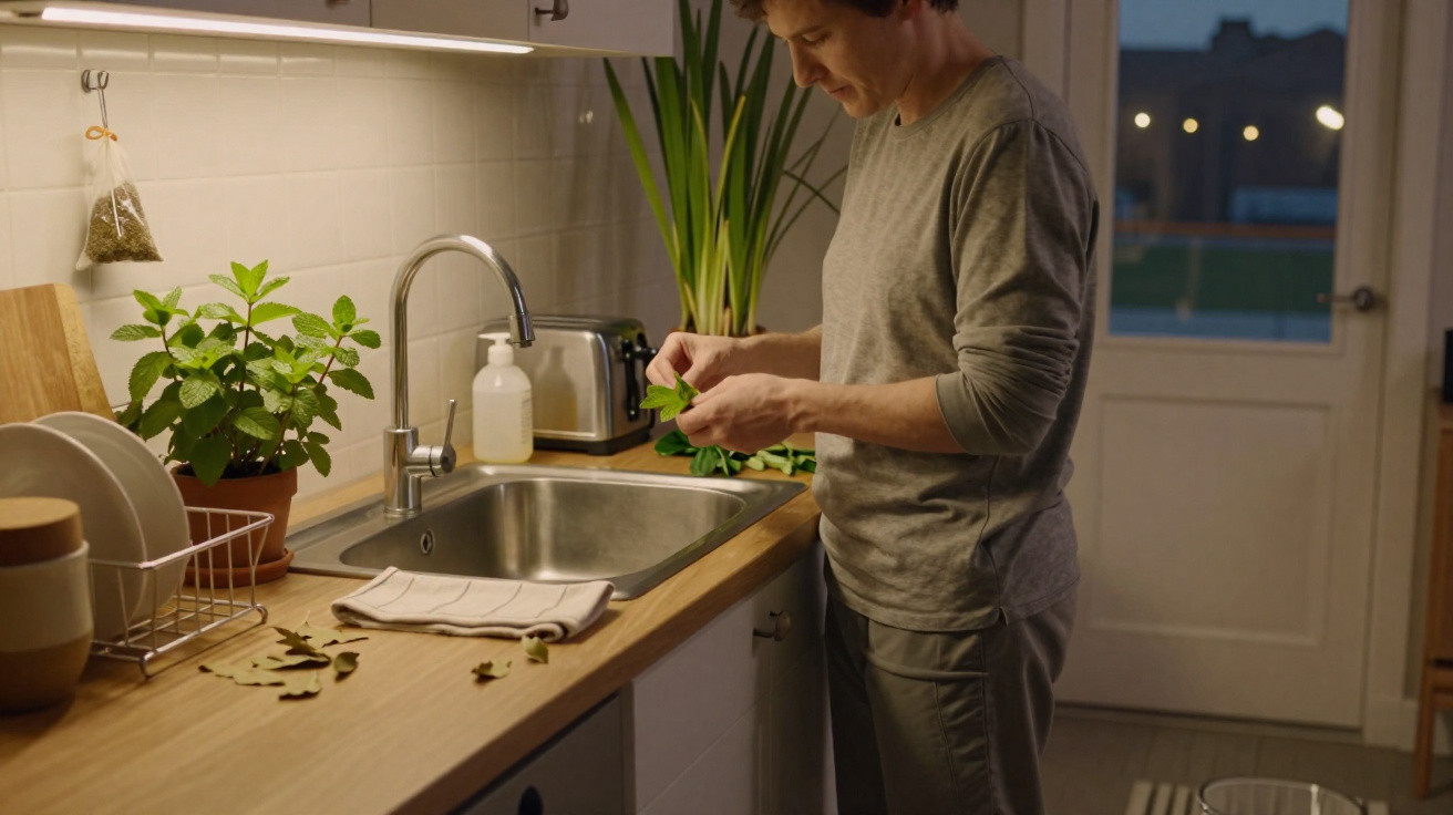 Homem em cozinha organizando folhas verdes próximo a pia em ambiente iluminado e decorado com plantas.