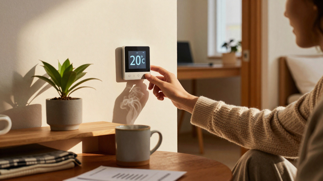 Pessoa ajustando termostato digital para 20°C em ambiente interno com mesa, xícara e planta.