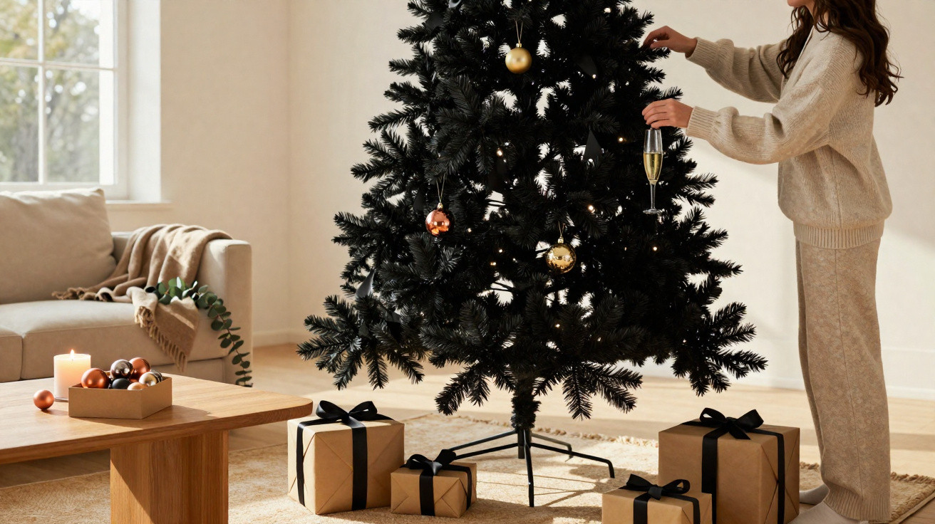Mulher decorando árvore de Natal preta em sala aconchegante com presentes e velas ao redor.