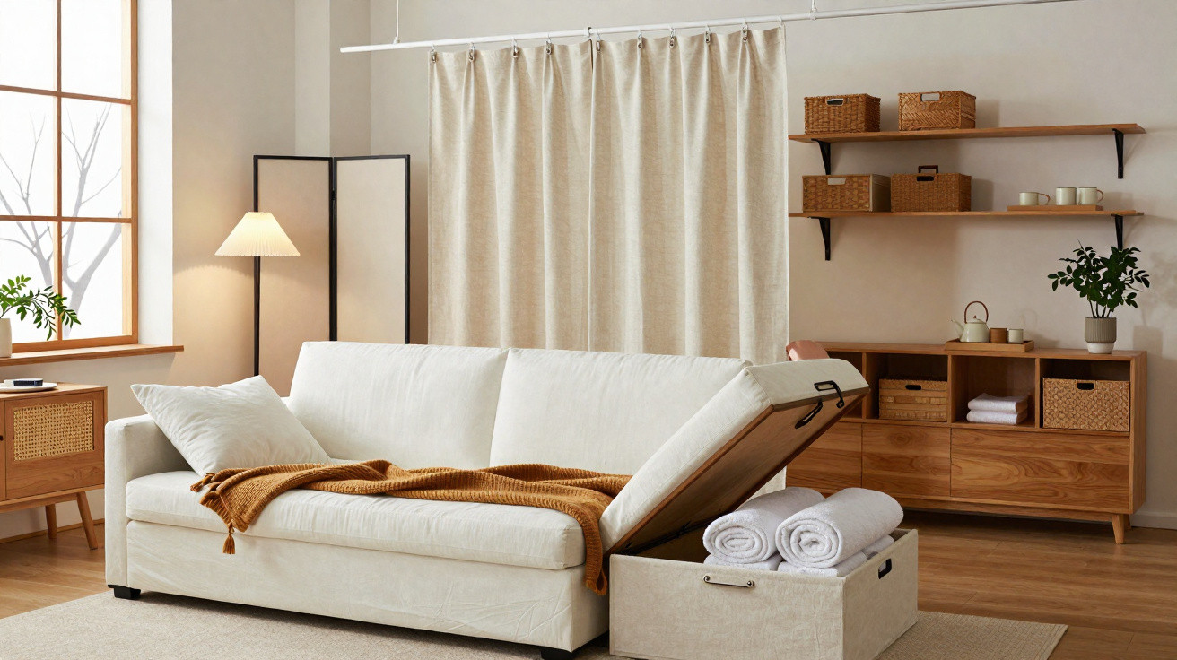 Sala de estar com sofá-cama bege aberto, manta marrom e estante de madeira com objetos decorativos.