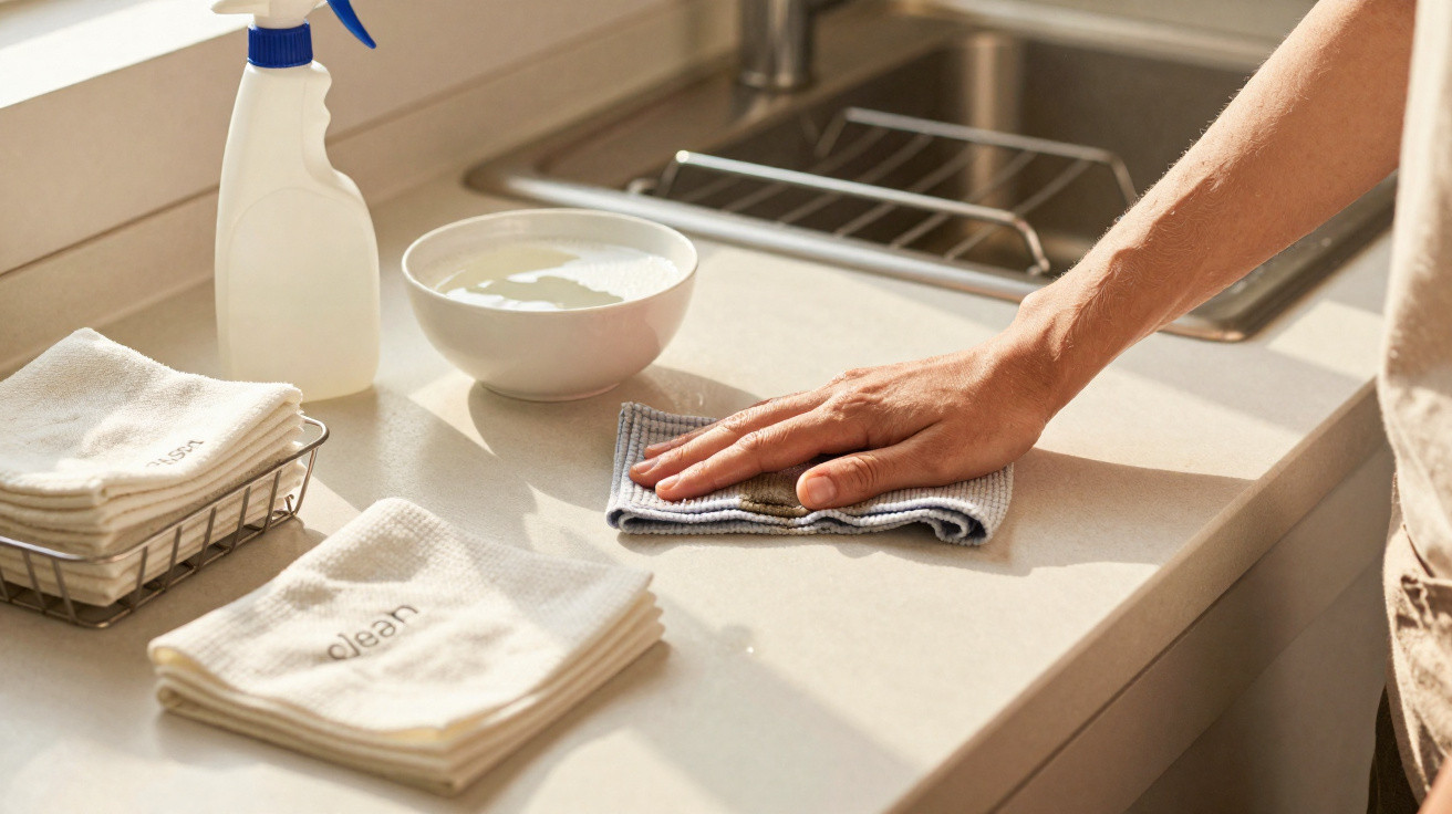 Pessoa limpando bancada da cozinha com pano úmido e produtos de limpeza ao lado.