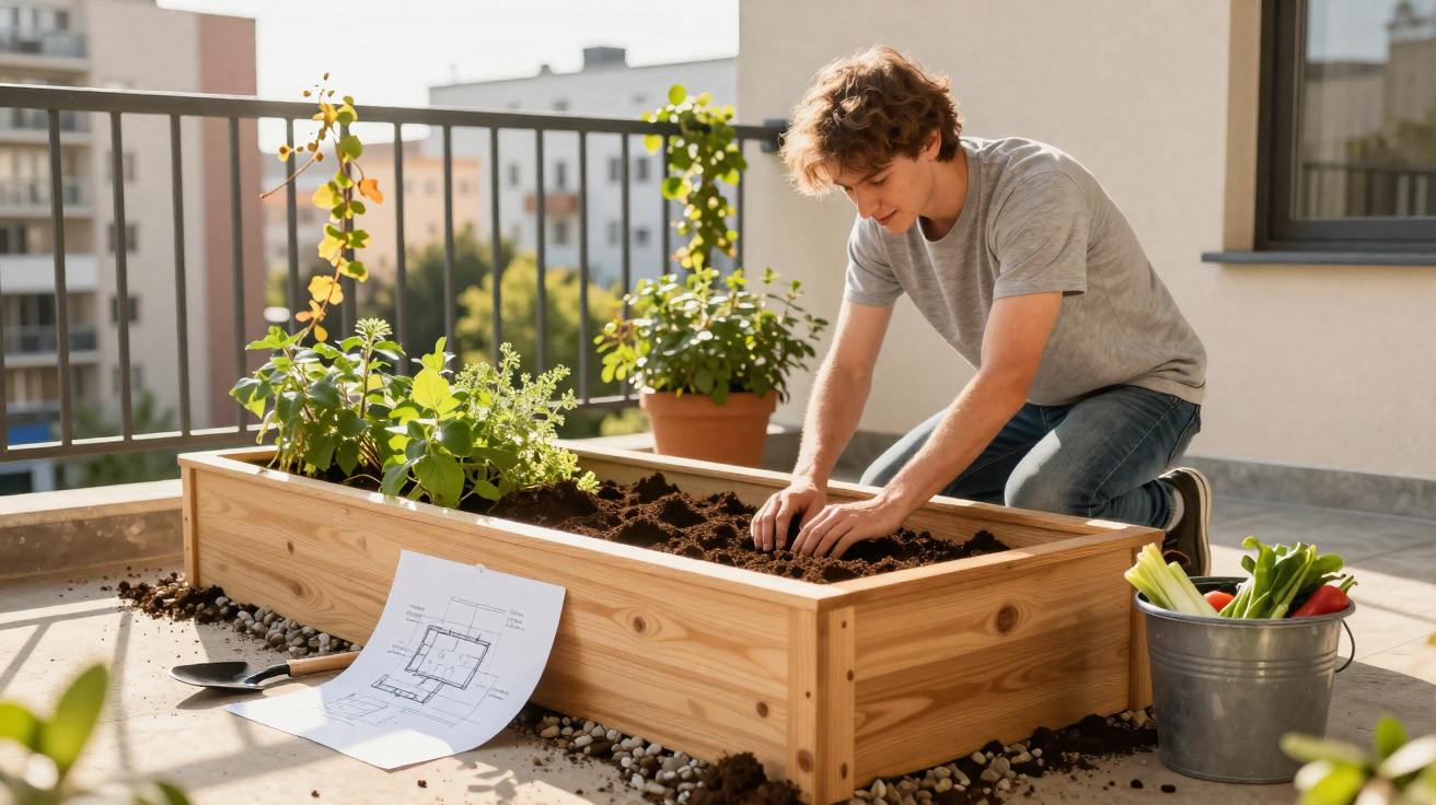 Jovem plantando em canteiro elevado de madeira em varanda de apartamento com plantas e ferramentas ao redor.