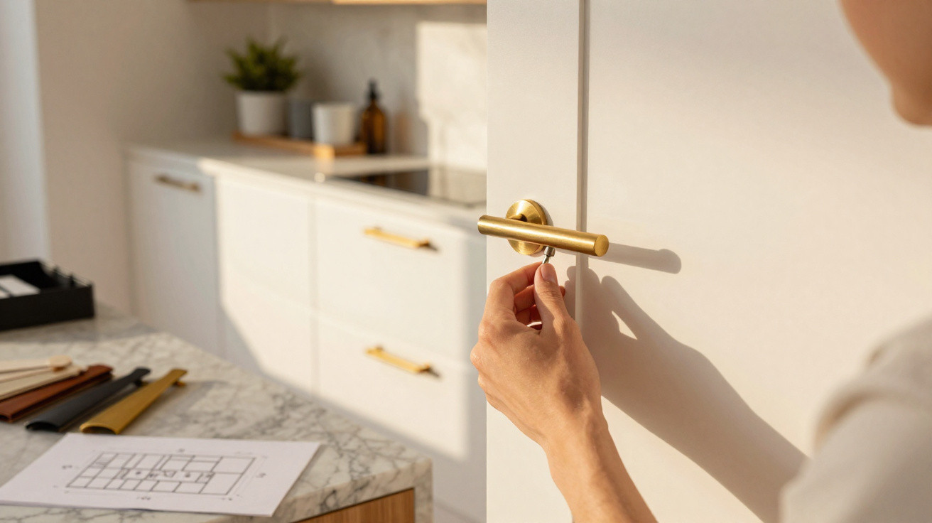 Pessoa abrindo armário branco com chave em cozinha moderna e bancada de mármore.