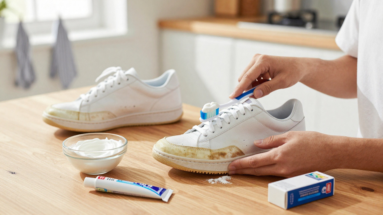 Pessoa limpando tênis branco com escova de dente e pasta de dente sobre mesa de madeira.