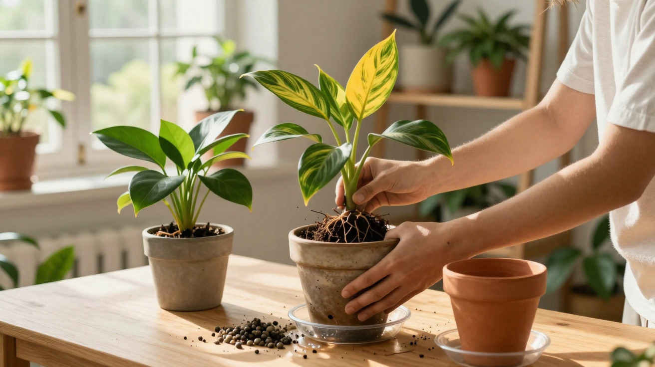 Pessoa transplantando planta em vaso de cerâmica em ambiente interno iluminado por luz natural.