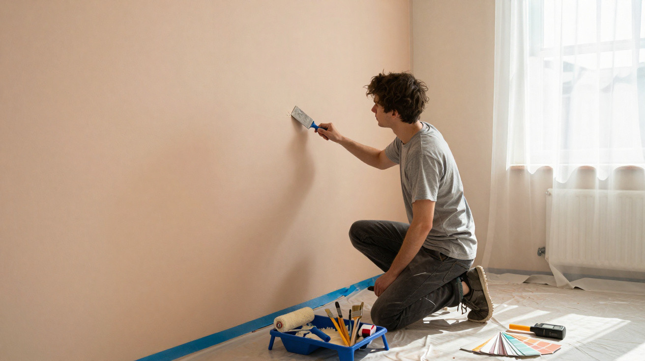 Homem pintando a parede interna de uma casa com acessórios de pintura ao seu lado.