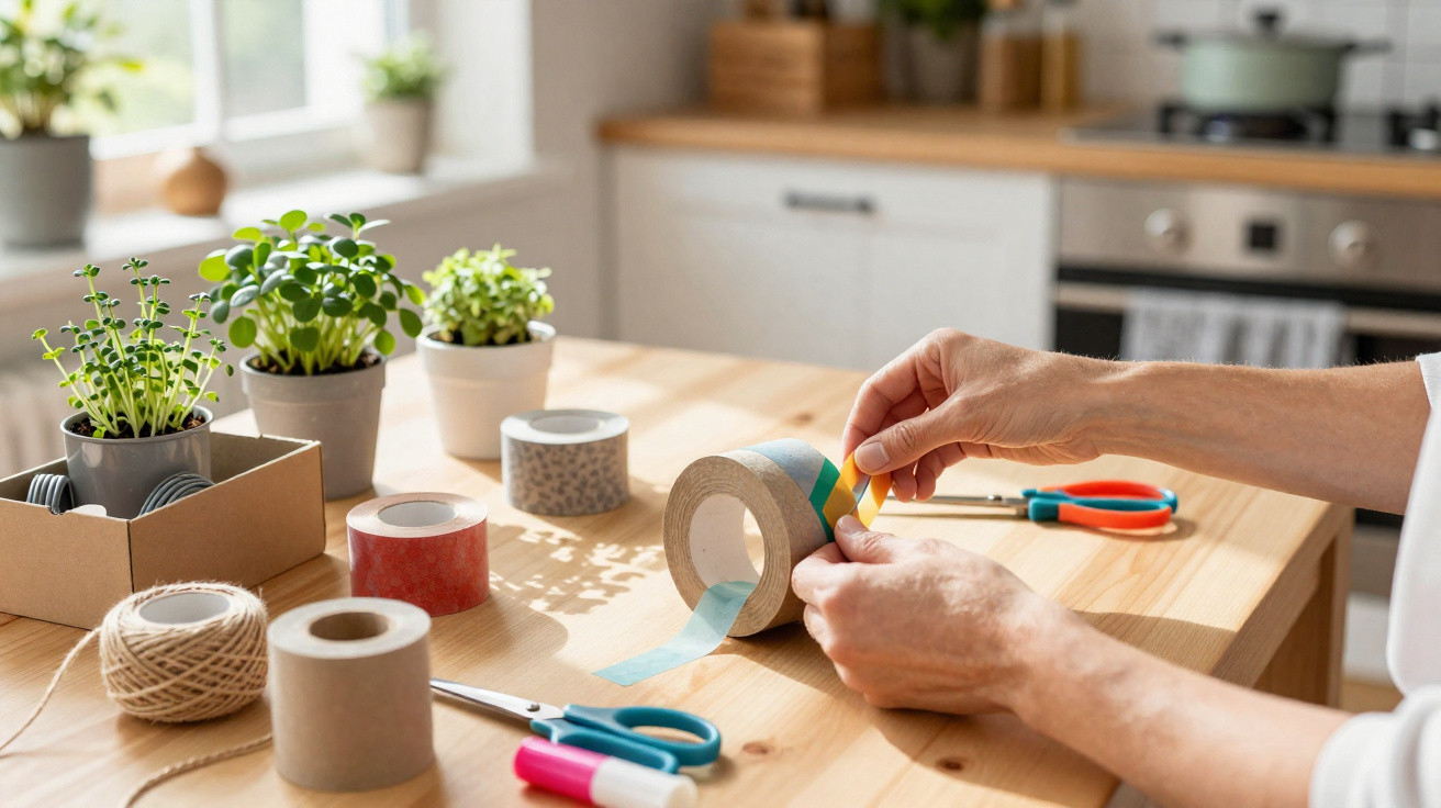 Mãos decorando fita adesiva colorida em mesa com plantas, tesoura e materiais de artesanato na cozinha.