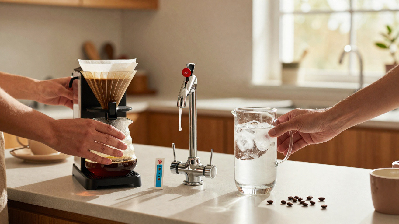 Mãos preparando café coado e segurando jarra de água com gelo em bancada de cozinha iluminada.