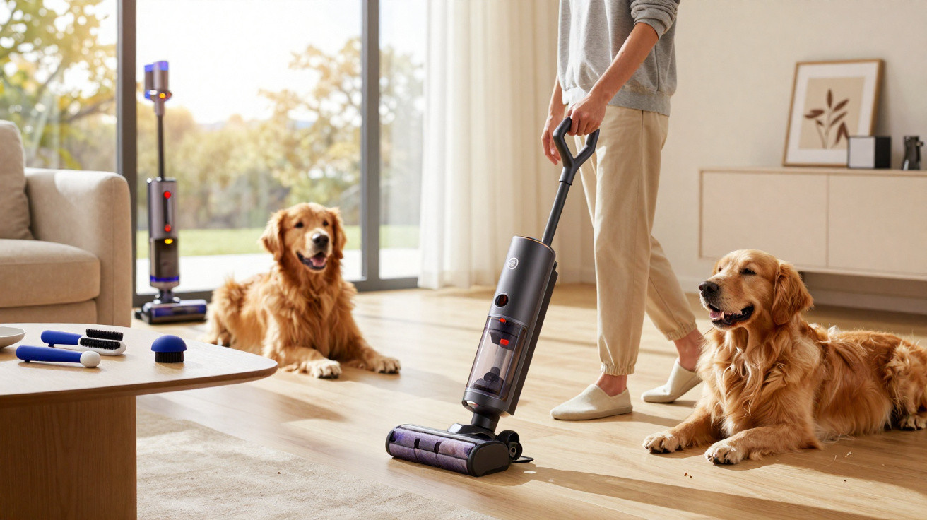 Pessoa usando aspirador em sala com dois golden retrievers deitados no chão perto.