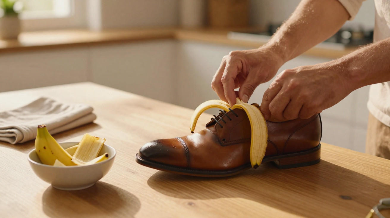 Mãos colocando uma casca de banana dentro de um sapato masculino marrom sobre uma mesa de madeira.