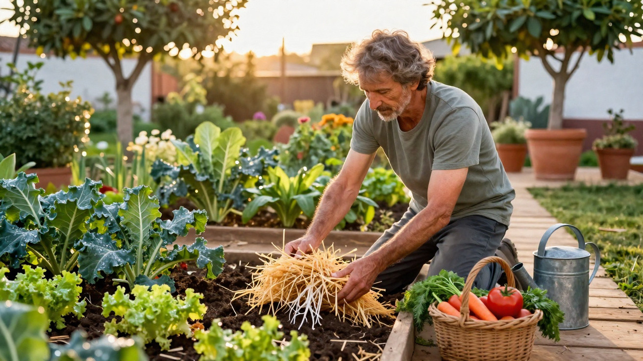 Homem cuidando de horta urbana, preparando solo e vegetais frescos ao redor em dia ensolarado.