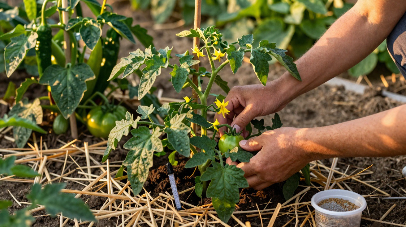 Pessoa colhendo tomate verde em planta cultivada em canteiro com cobertura de palha.