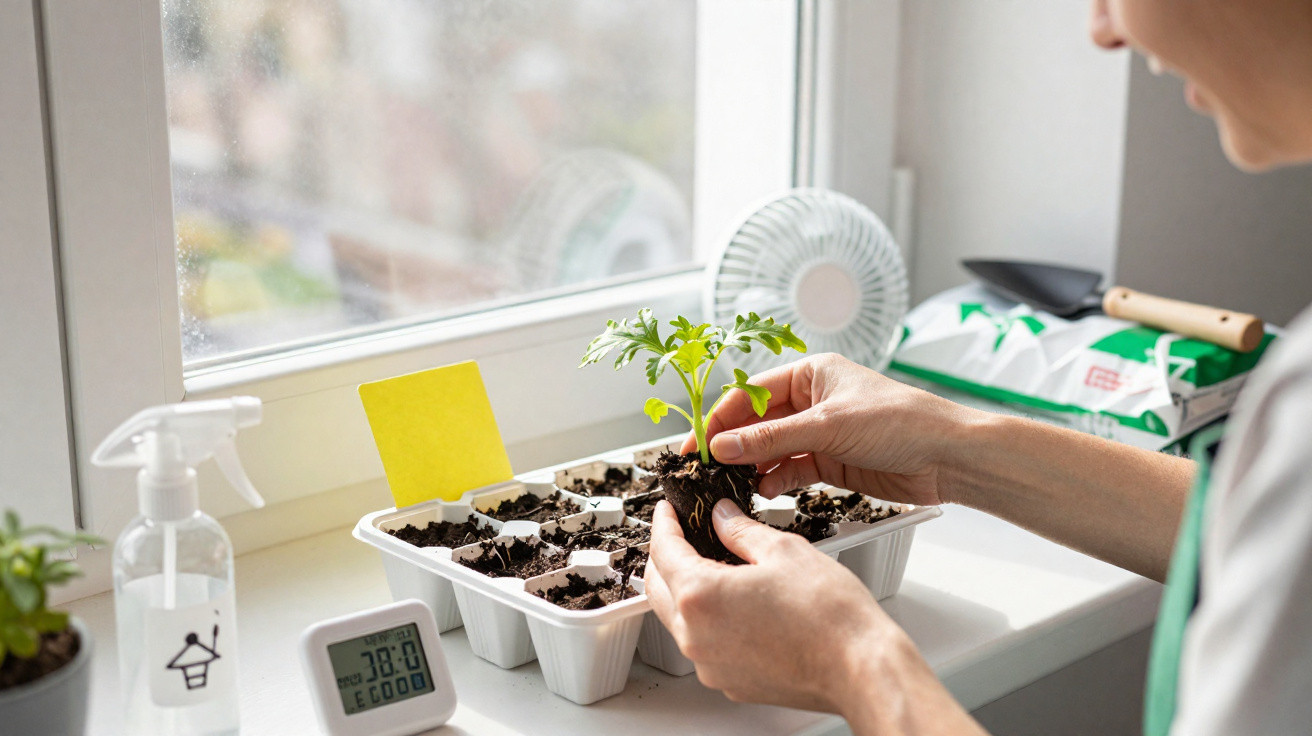 Pessoa transplantando muda de planta em bandeja de cultivo no peitoril de janela iluminada.
