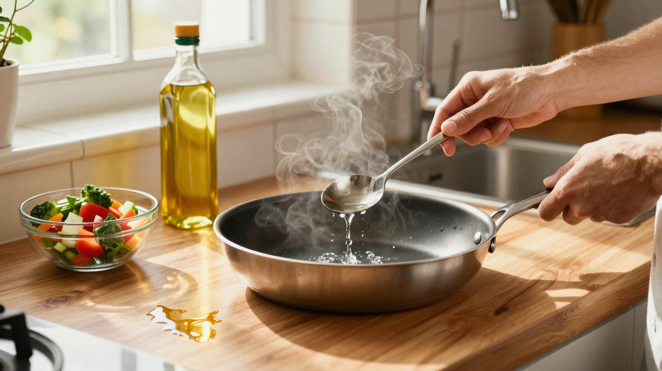 Mãos despejando água quente de concha em frigideira com vapor, ao lado de salada e azeite na bancada.