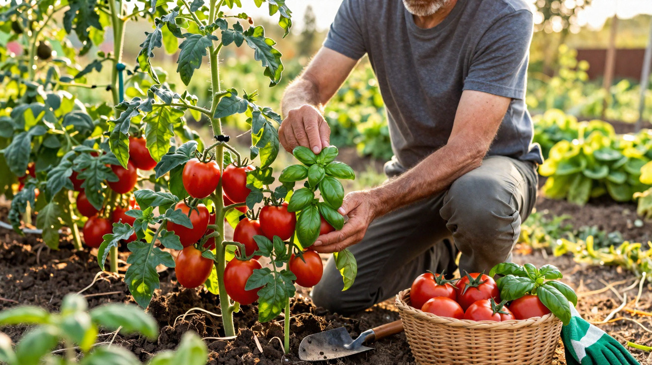 Homem colhendo tomates maduros em uma horta, com cesta cheia de tomates ao lado.