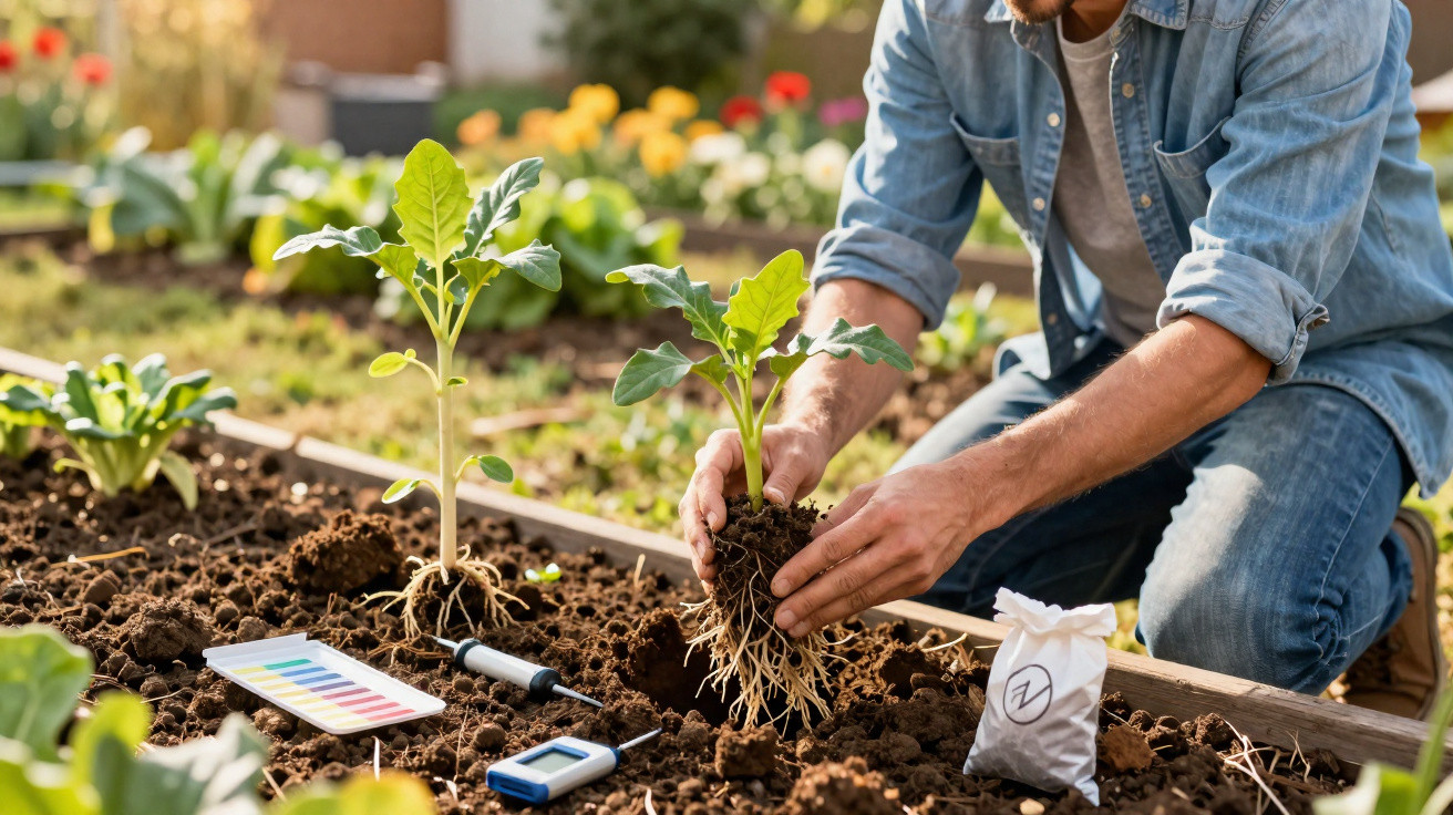 Pessoa transplantando muda em canteiro de terra com ferramentas de jardinagem próximas.